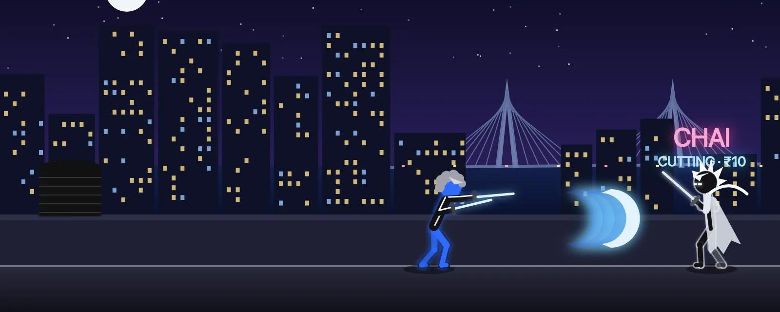 Aarav's Ojas Slash flying at Hvern on the Mumbai rooftop in Stick Fight